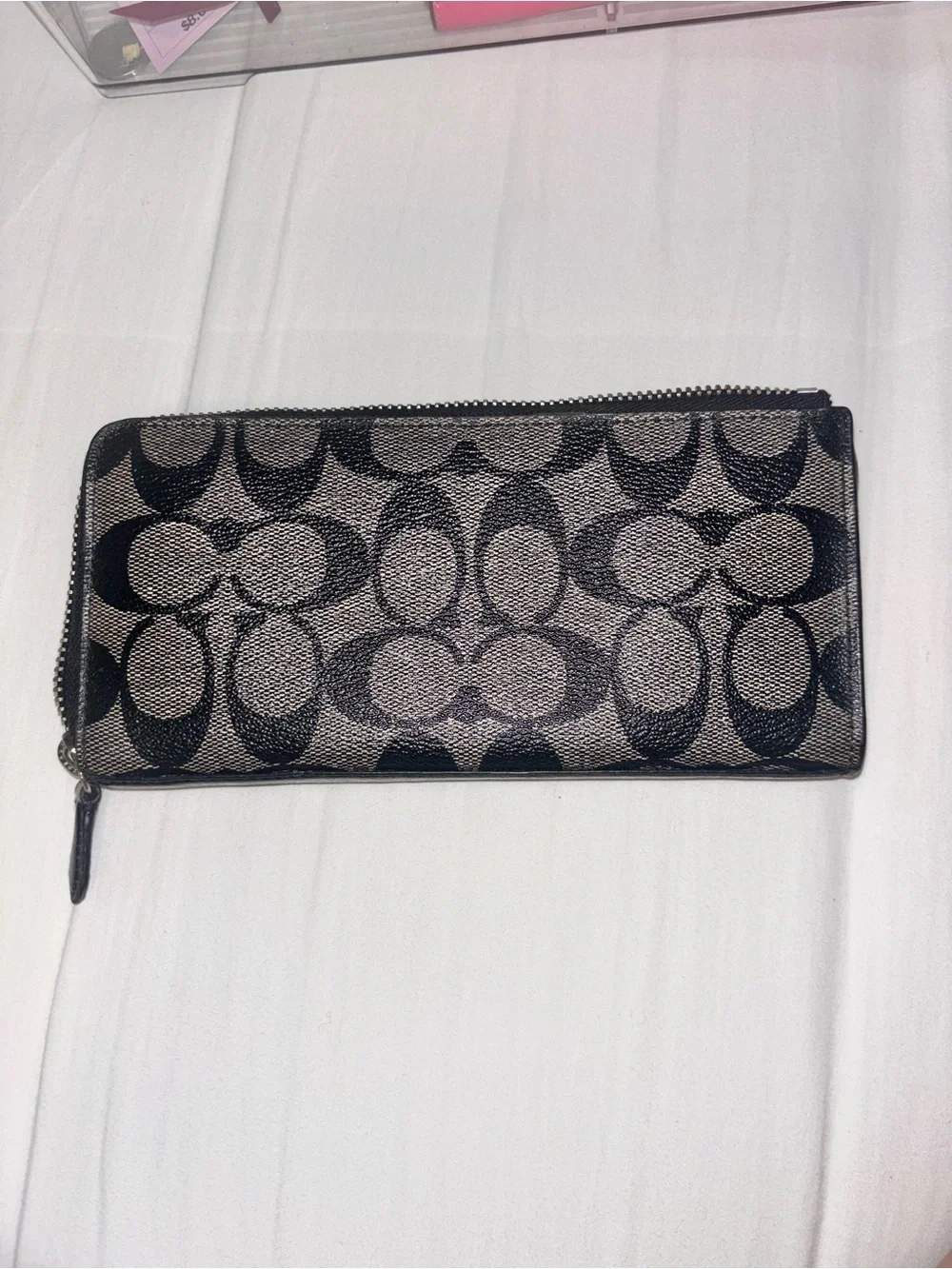 Coach Zip-Around Wallet in Black and Taupe Signature Jacquard